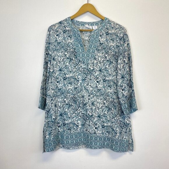 Sigrid Olsen Tops - Sigrid Olsen 100% Linen Teal and White Paisley Tunic